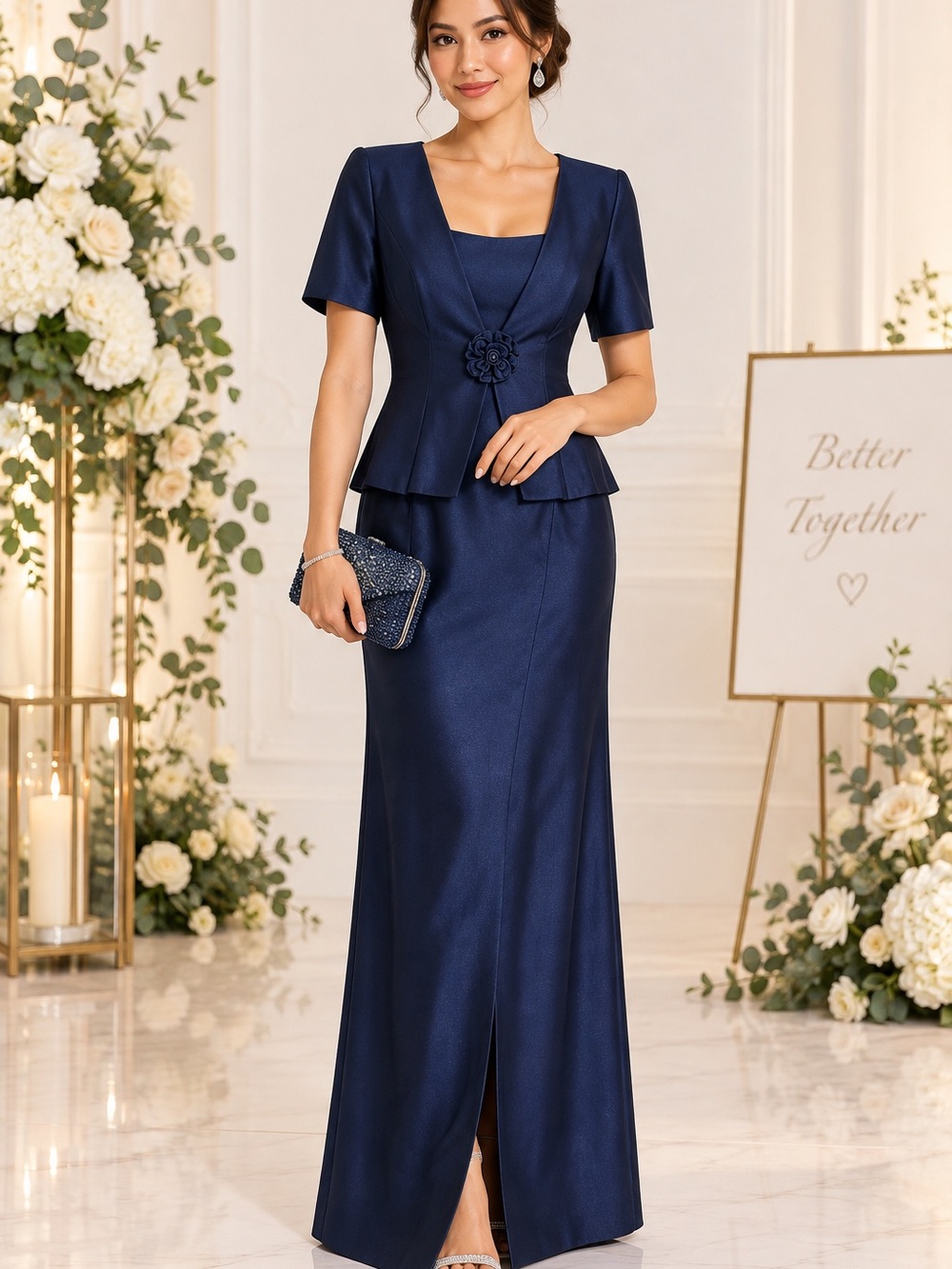 Wattere Navy Blue 2-Piece Formal Maxi Dress & Peplum Jacket Wedding  Set